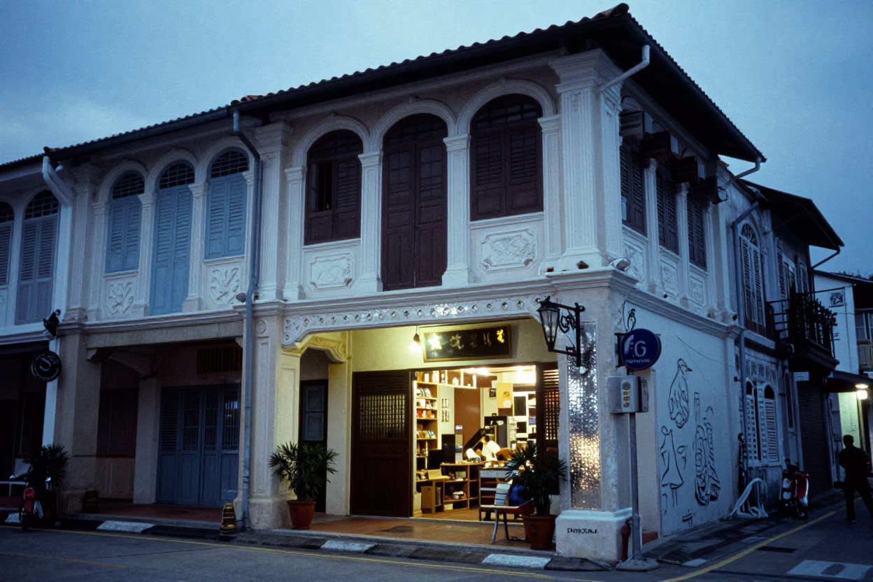George Town Malaysia Evening Street Scene with Hammered Metal and Glass in in George Town, Malaysia