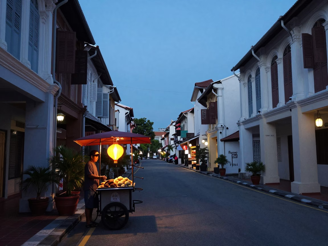 George Town Malaysia Evening Street Scene with Lanterns and Colonial Architecture in in George Town, Malaysia