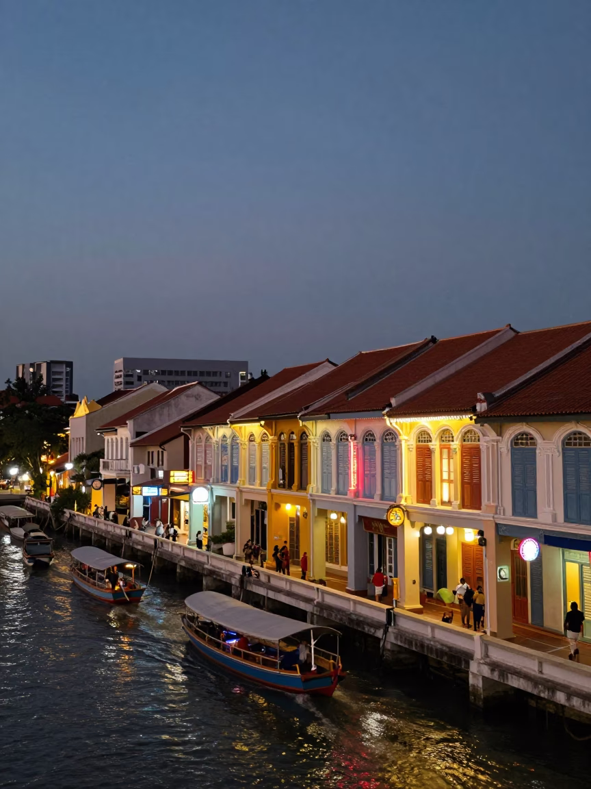 George Town Malaysia Evening Street Scene with Shophouses and Longtail Boat in in George Town, Malaysia