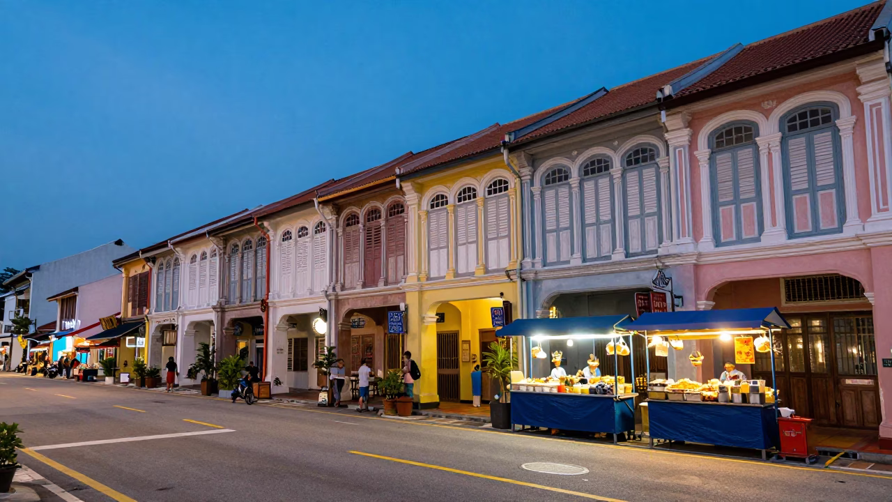 George Town Malaysia Evening Street Scene with Shophouses and Street Food Vendor in in George Town, Malaysia