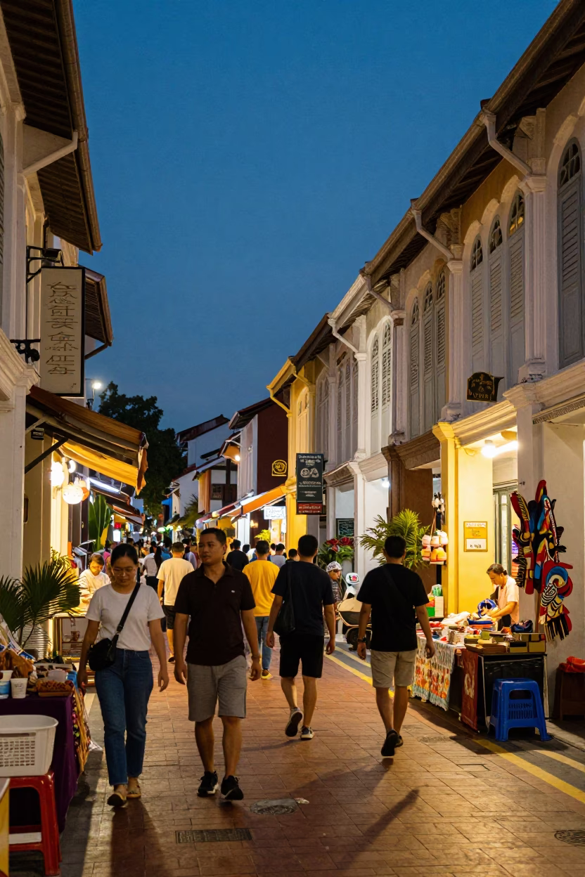 George Town Malaysia Evening Street Scene with Shoppers and Local Goods in in George Town, Malaysia