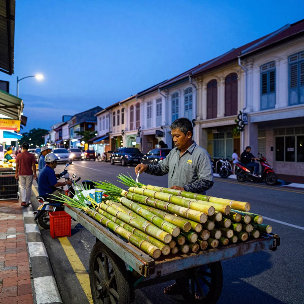 George Town Malaysia Evening Street Scene with Sugarcane Juice and Local Commerce in in George Town, Malaysia