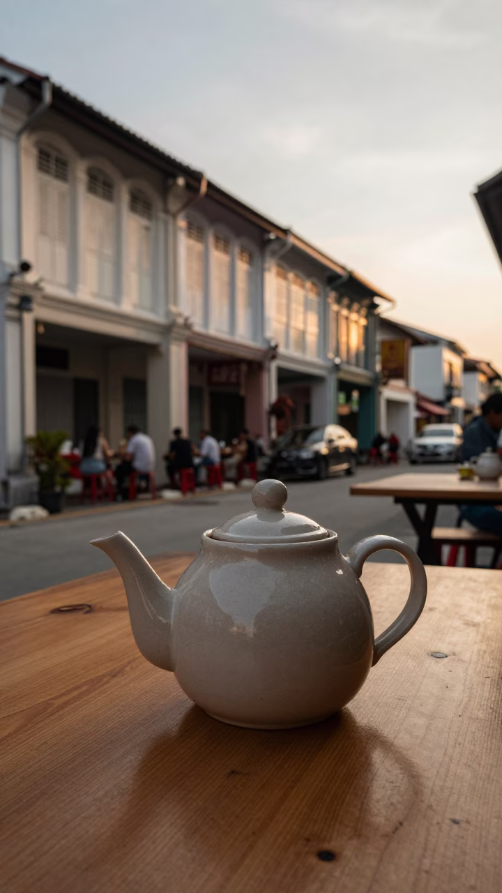 George Town Malaysia Evening Street Scene with Teapot and Local Dining Atmosphere in in George Town, Malaysia