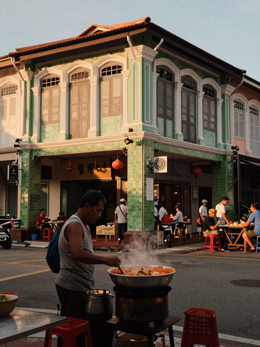 George Town Malaysia Evening Street Scene with Traditional Food and Daily Life in in George Town, Malaysia