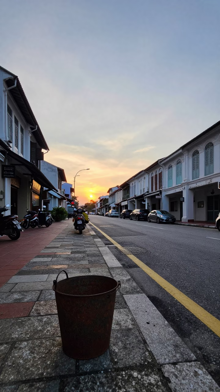George Town Malaysia Evening Street Scene with Traditional Shop Houses and Hanging Flowers in in George Town, Malaysia