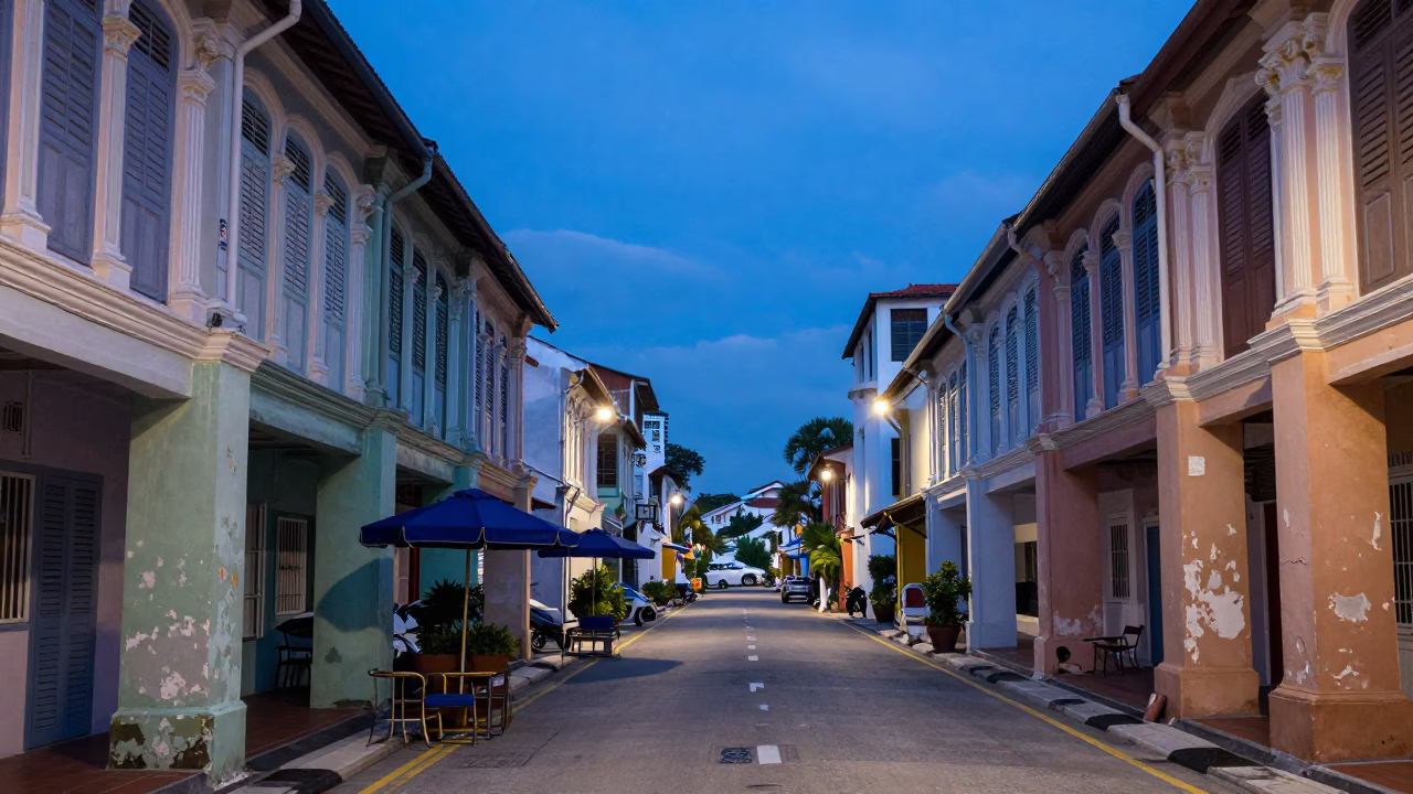 George Town Malaysia Evening Street Scene with Umbrella Stand and Local Life in in George Town, Malaysia