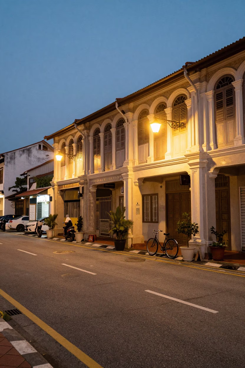 George Town Malaysia Evening Street Scene with Vintage Bicycle and Shophouse Facades in in George Town, Malaysia