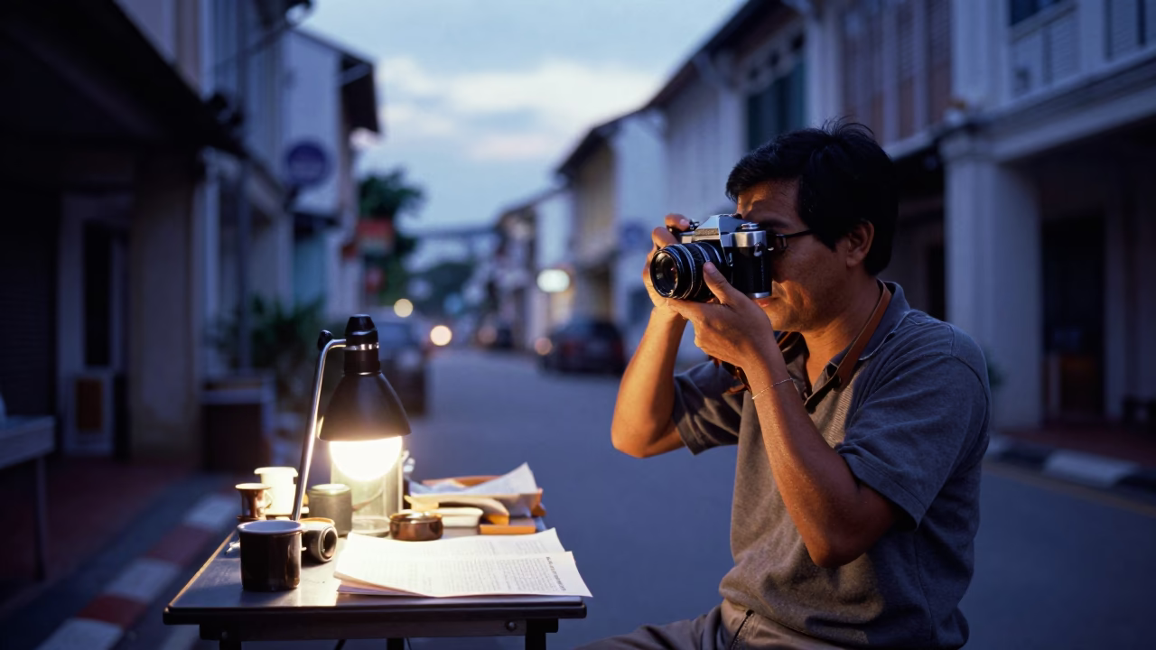 George Town Malaysia Evening Street Scene with Vintage Camera and Paper Fan in in George Town, Malaysia