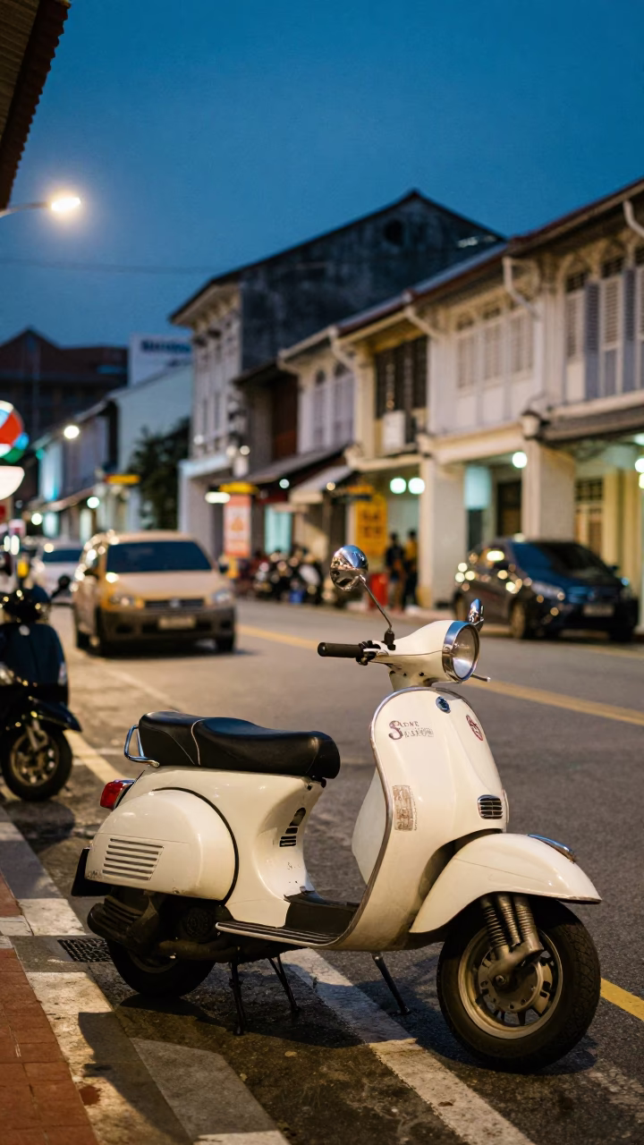 George Town Malaysia Evening Street Scene with Vintage Scooter and Local Vendor in in George Town, Malaysia