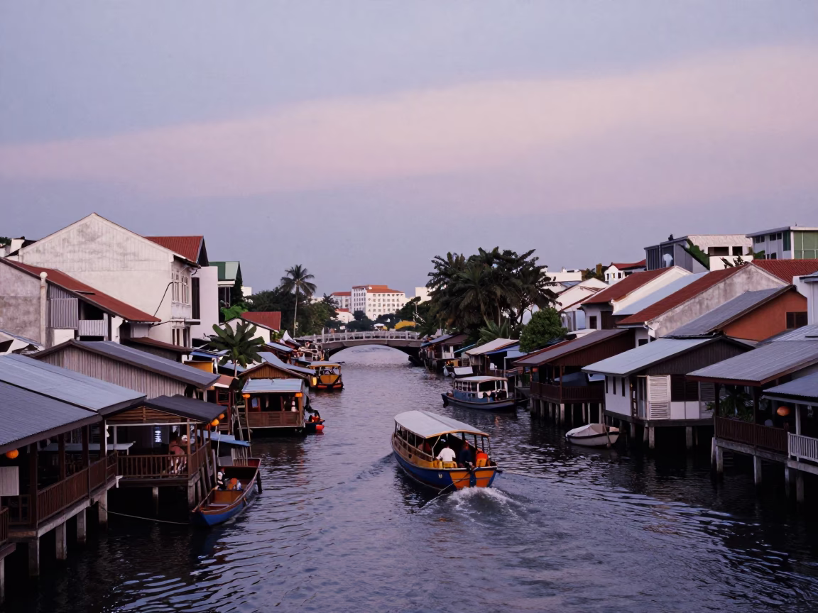 George Town Malaysia Evening Street Scene with Water Taxi and Canal Houseboats in in George Town, Malaysia