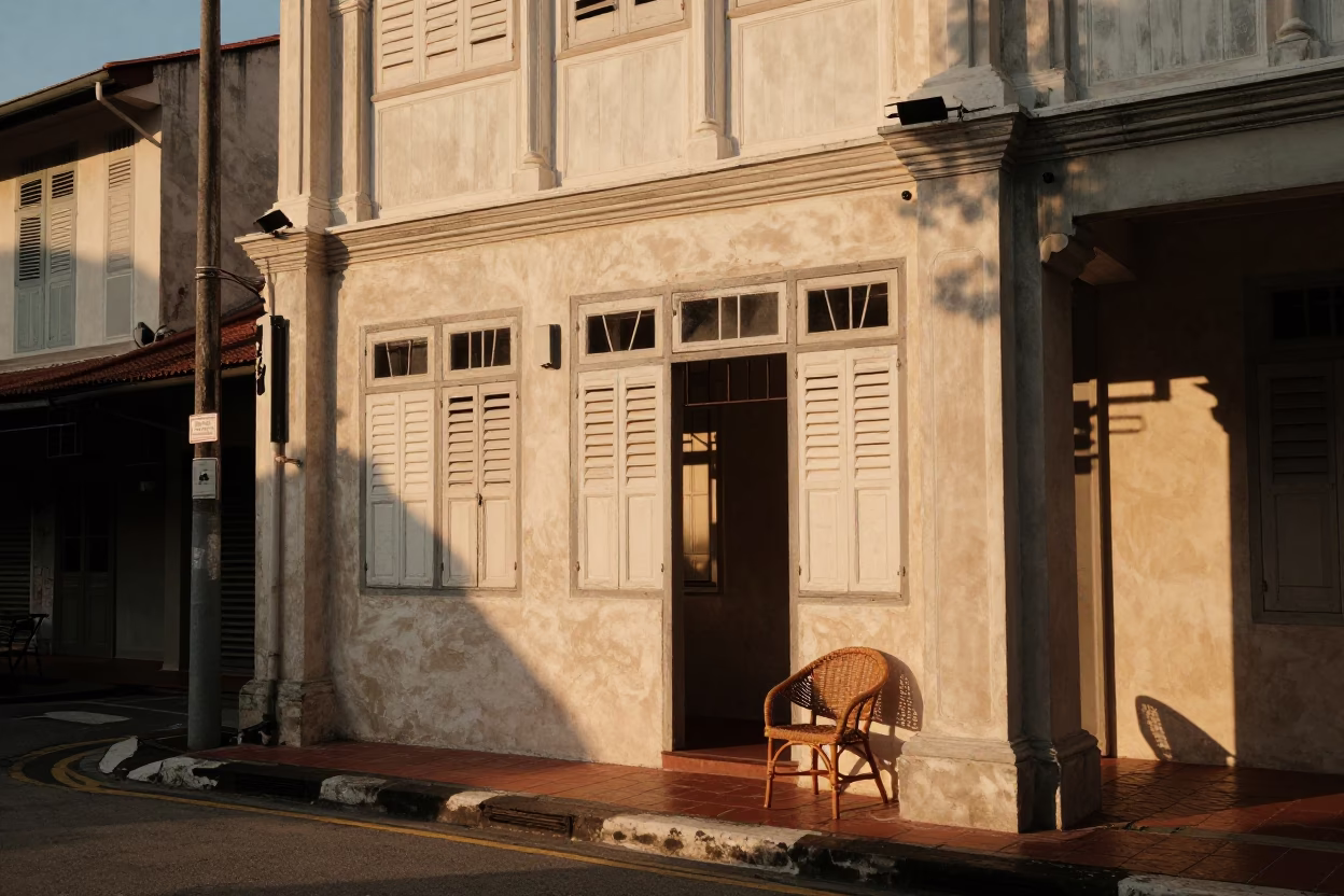 George Town Malaysia Evening Street Scene with Wicker Shadows and Brick Architecture in in George Town, Malaysia