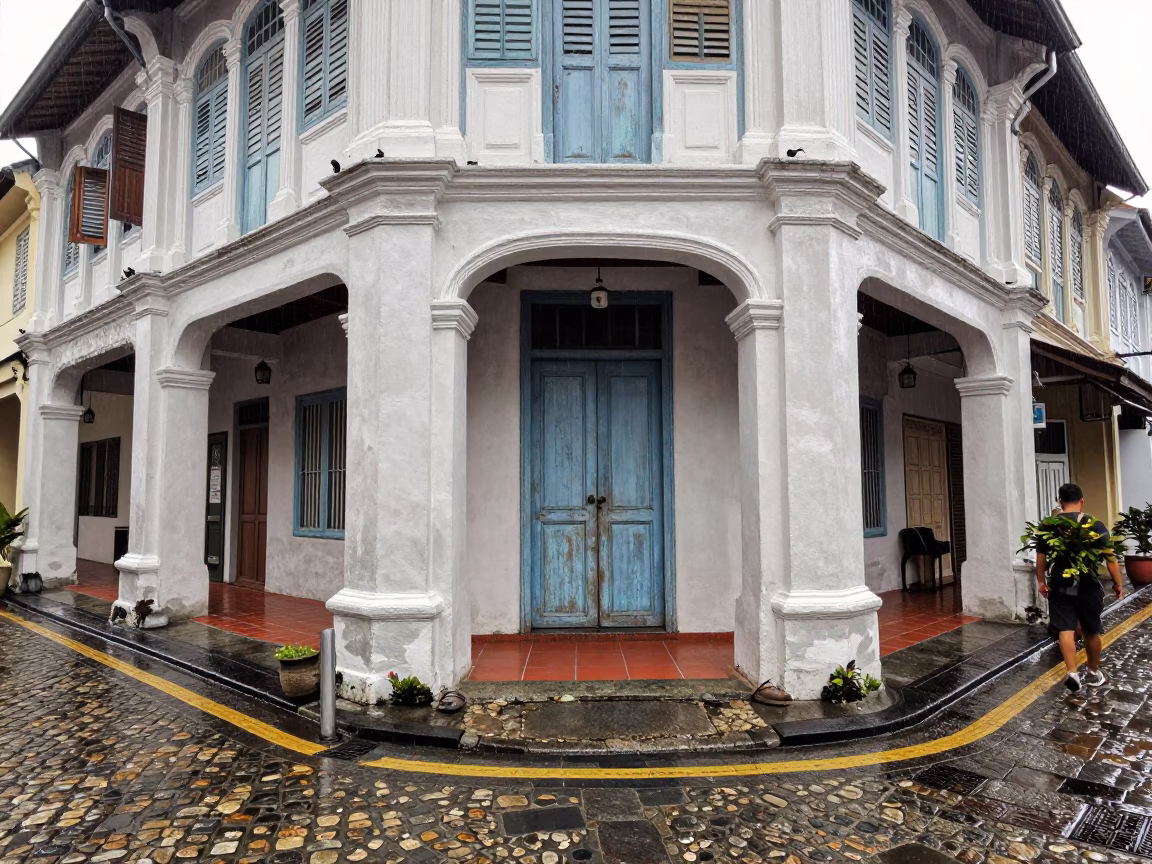 George Town Malaysia first light rain wet streets shophouse entrance in in George Town, Malaysia