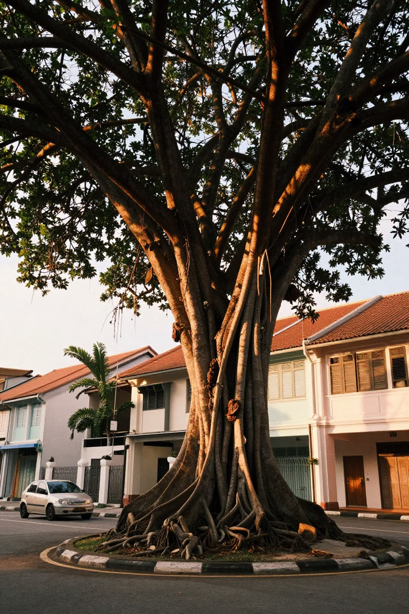 George Town Malaysia Golden Hour Kapok Tree Buttress Roots Street Scene in in George Town, Malaysia