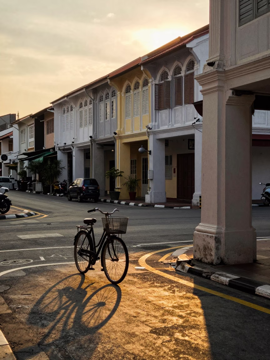 George Town Malaysia Golden Hour Street Scene with Bicycle Basket and Sunlight in in George Town, Malaysia