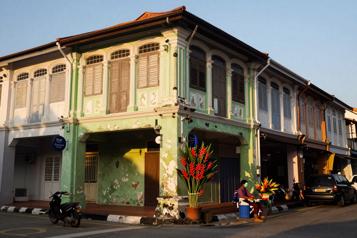 George Town Malaysia Golden Hour Street Scene with Heliconia and Local Life in in George Town, Malaysia