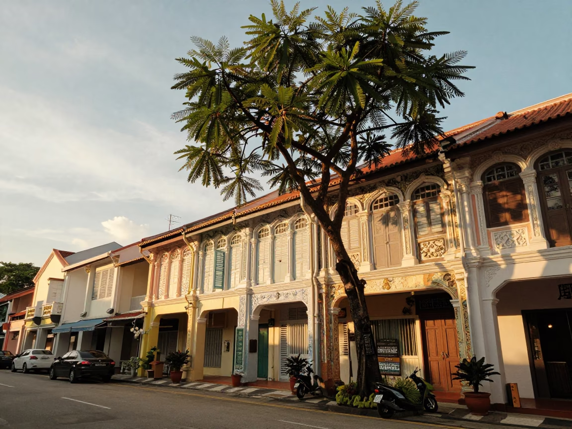 George Town Malaysia Golden Hour Street Scene with Tamarind Tree and Traditional Shophouses in in George Town, Malaysia