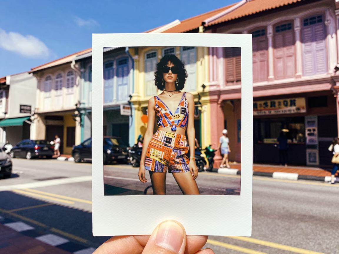 George Town Malaysia High Fashion Street Style Noon Light Colorful 1980s Aesthetic in in George Town, Malaysia