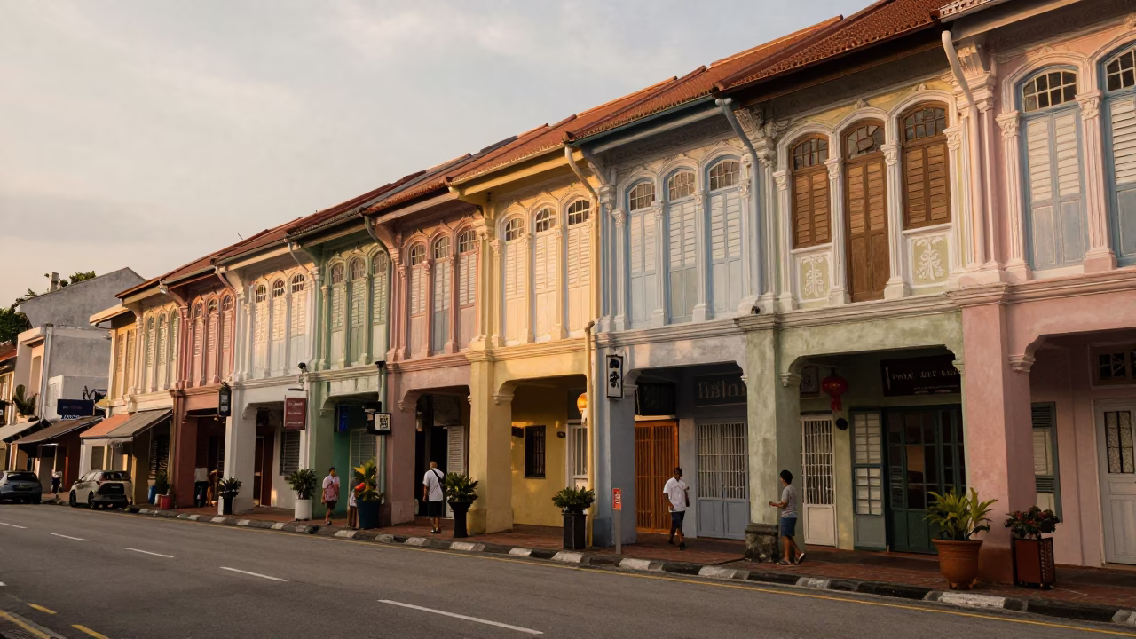 George Town Malaysia Honeyed Evening Street Scene with Local Shopfront Details in in George Town, Malaysia