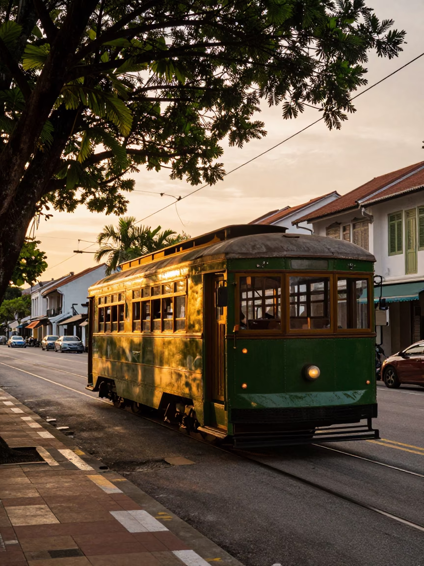 George Town Malaysia Honeyed Evening Street Scene with Old Trolley and Traditional Shopfronts in in George Town, Malaysia