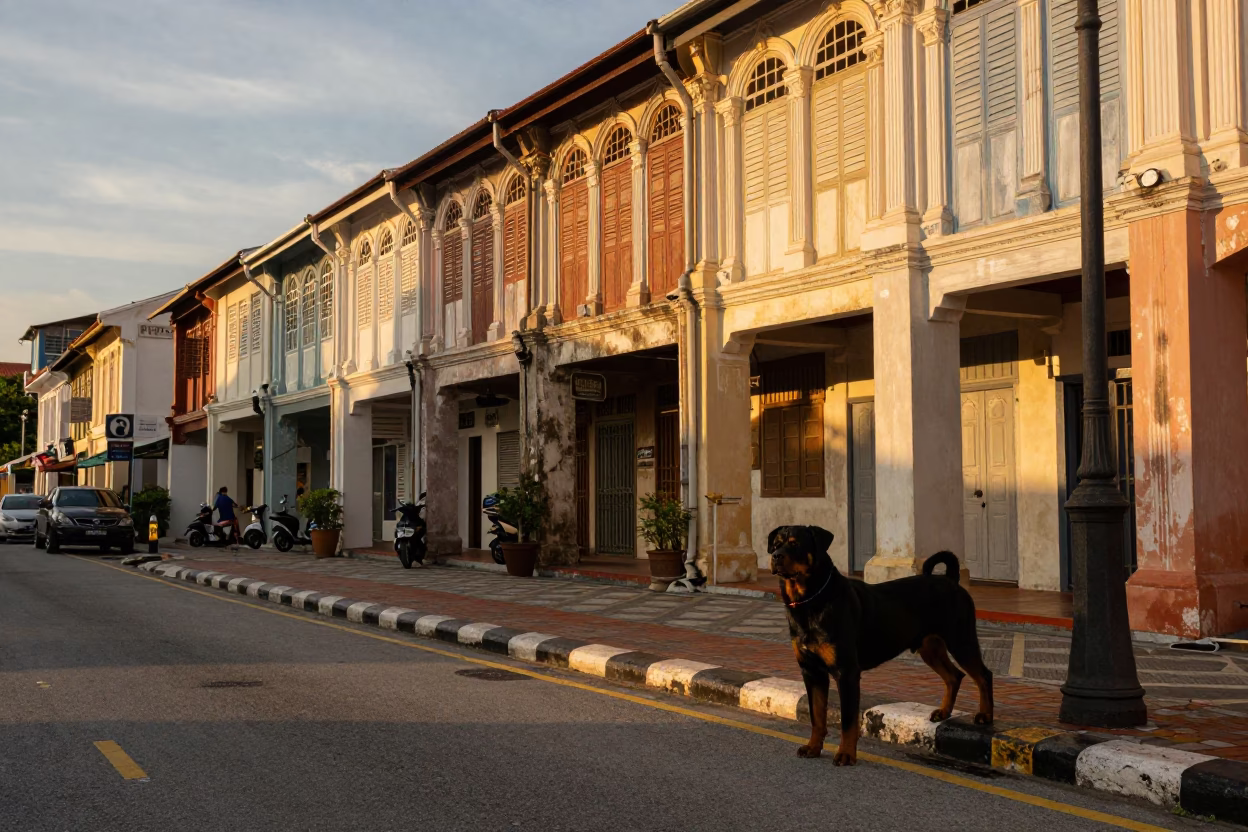 George Town Malaysia Honeyed Evening Street Scene with Rottweiler and Local Life in in George Town, Malaysia
