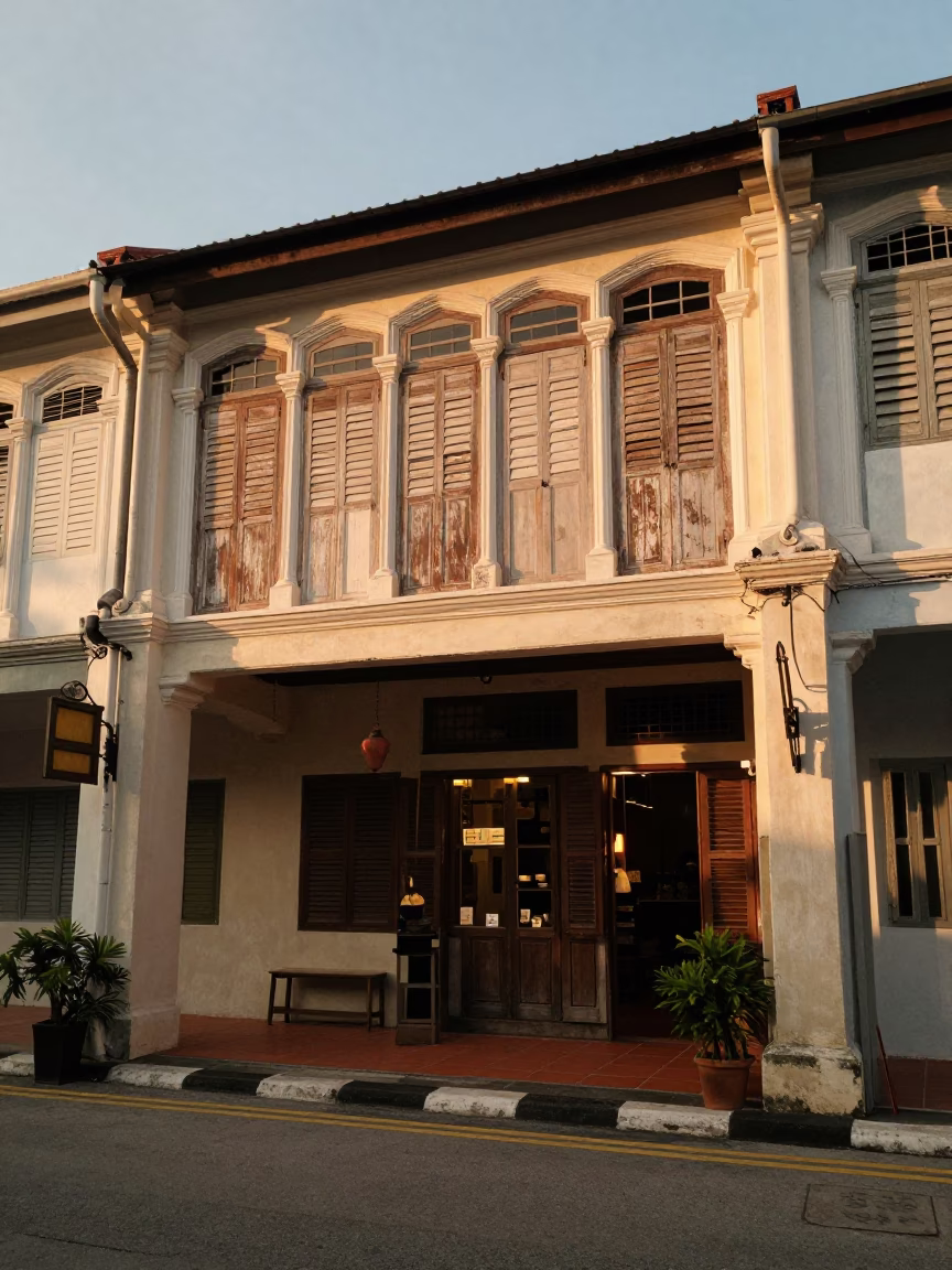 George Town Malaysia Honeyed Evening Street Scene with Shopfront Details in in George Town, Malaysia