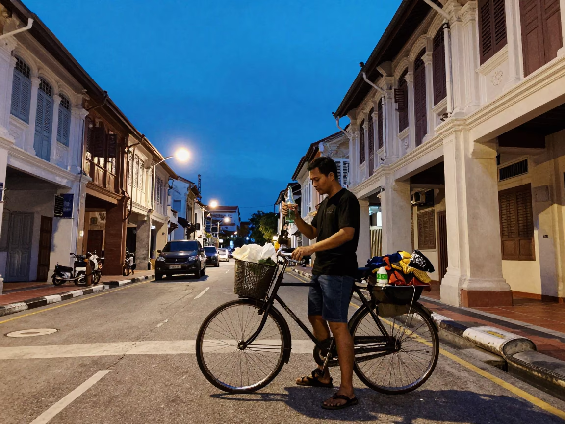 George Town Malaysia indigo twilight street scene with bicycle bottle and shop in in George Town, Malaysia