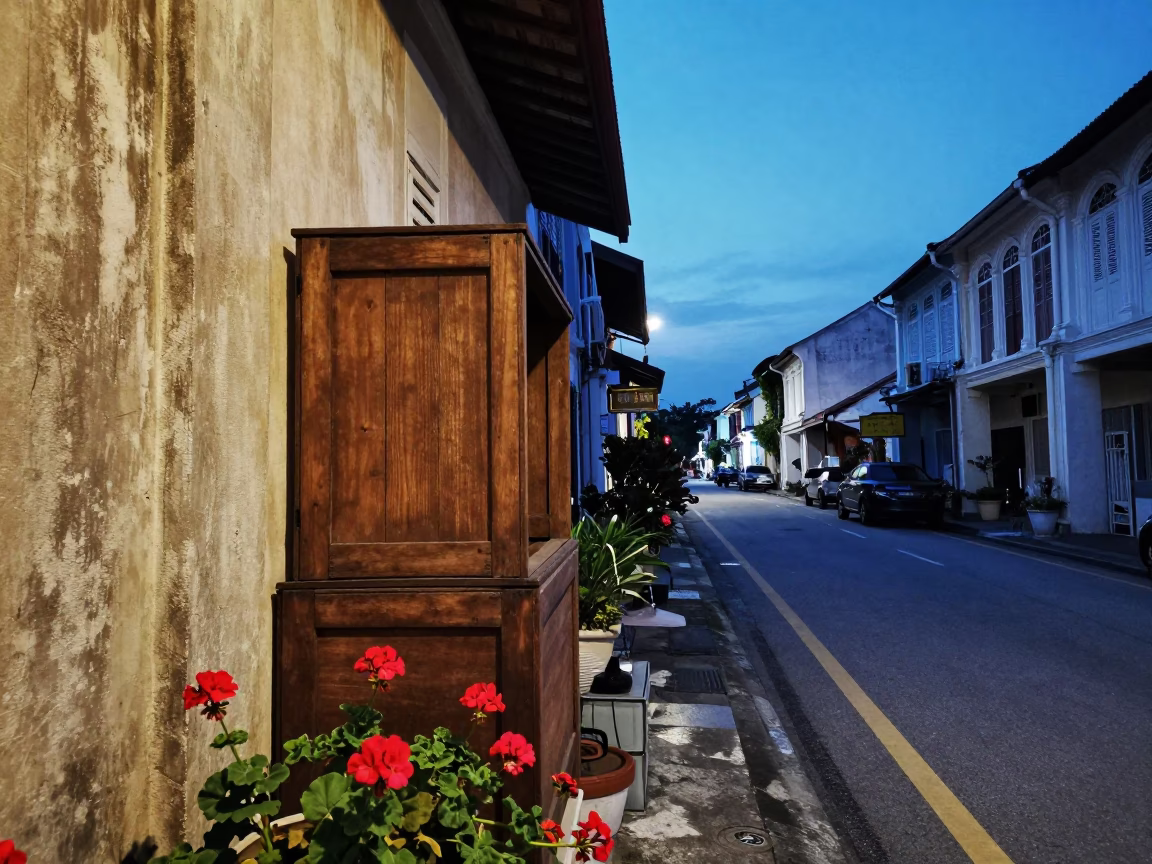 George Town Malaysia indigo twilight street scene with geraniums and wooden crate in in George Town, Malaysia
