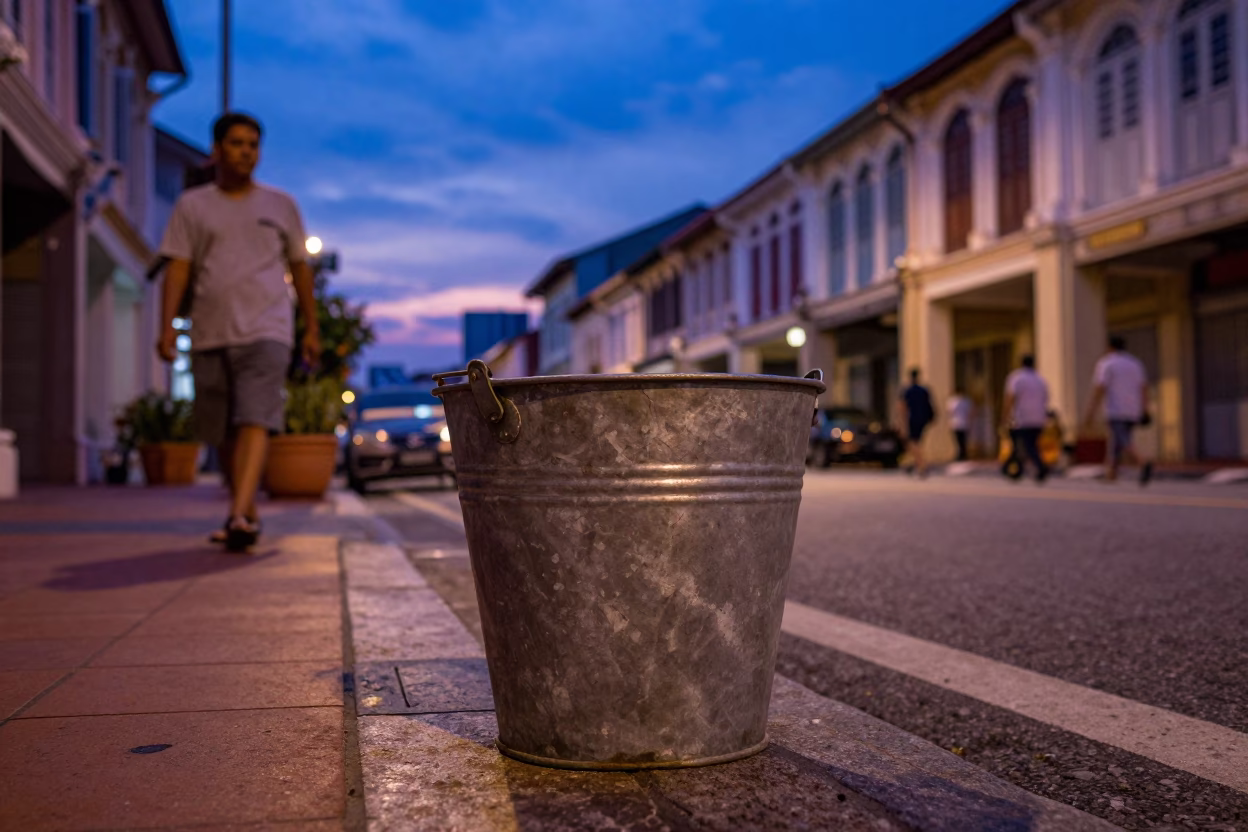 George Town Malaysia Indigo Twilight Street Scene with Metal Bucket and Traditional Shophouses in in George Town, Malaysia