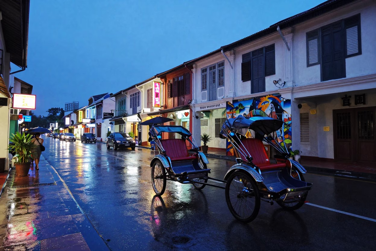 George Town Malaysia Indigo Twilight Street Scene with Rickshaw and Mural Swatches in in George Town, Malaysia