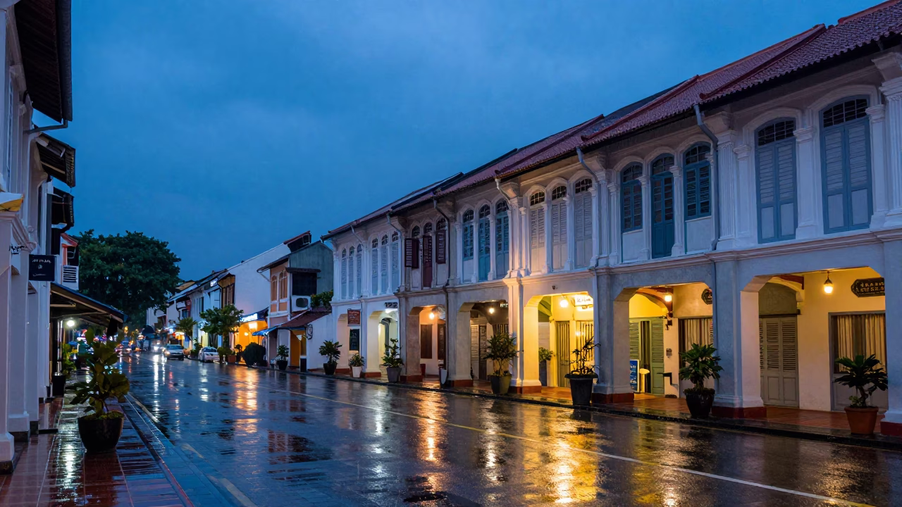 George Town Malaysia Indigo Twilight Street Scene with Shophouses and Rain in in George Town, Malaysia
