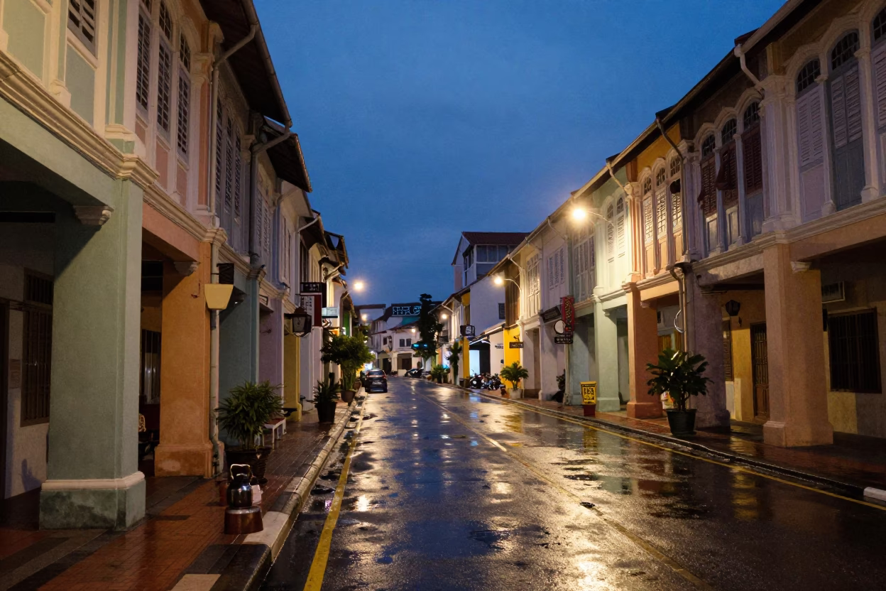 George Town Malaysia indigo twilight street scene with vintage kettle and bustling night market in in George Town, Malaysia