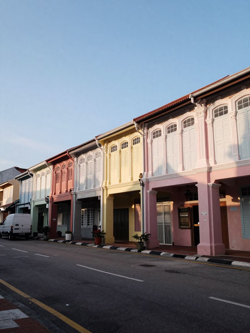 George Town Malaysia late afternoon street scene with colonial architecture and local commerce in in George Town, Malaysia