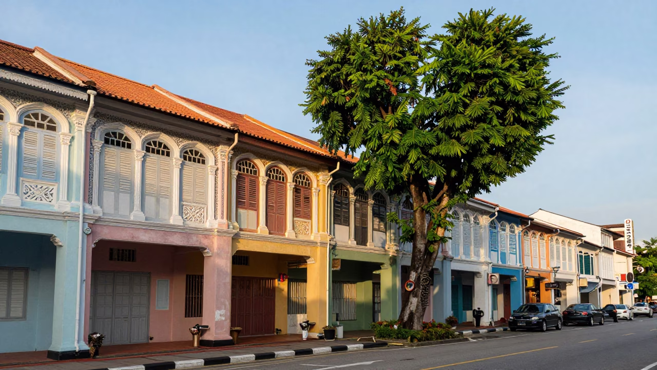 George Town Malaysia Late Afternoon Street Scene with Shophouses and Tree in in George Town, Malaysia