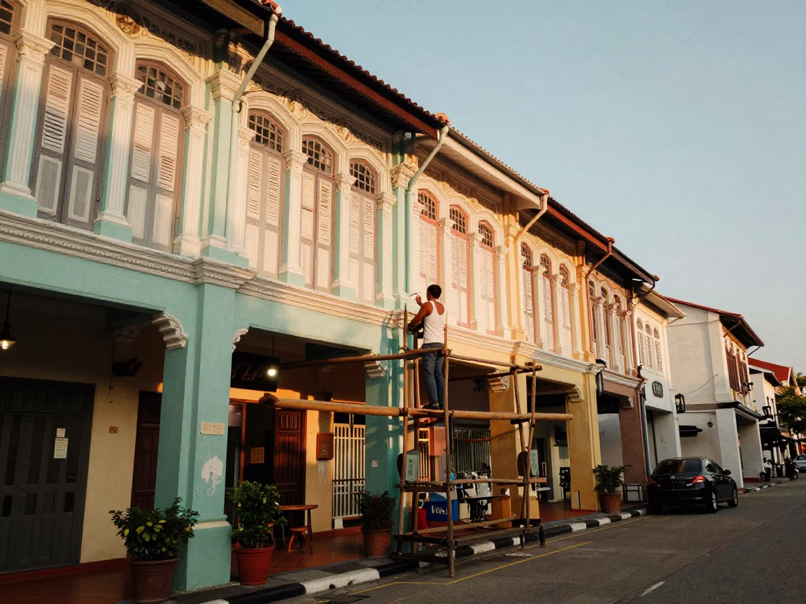 George Town Malaysia Late Afternoon Street Scene with Traditional Architecture and Local Life in in George Town, Malaysia
