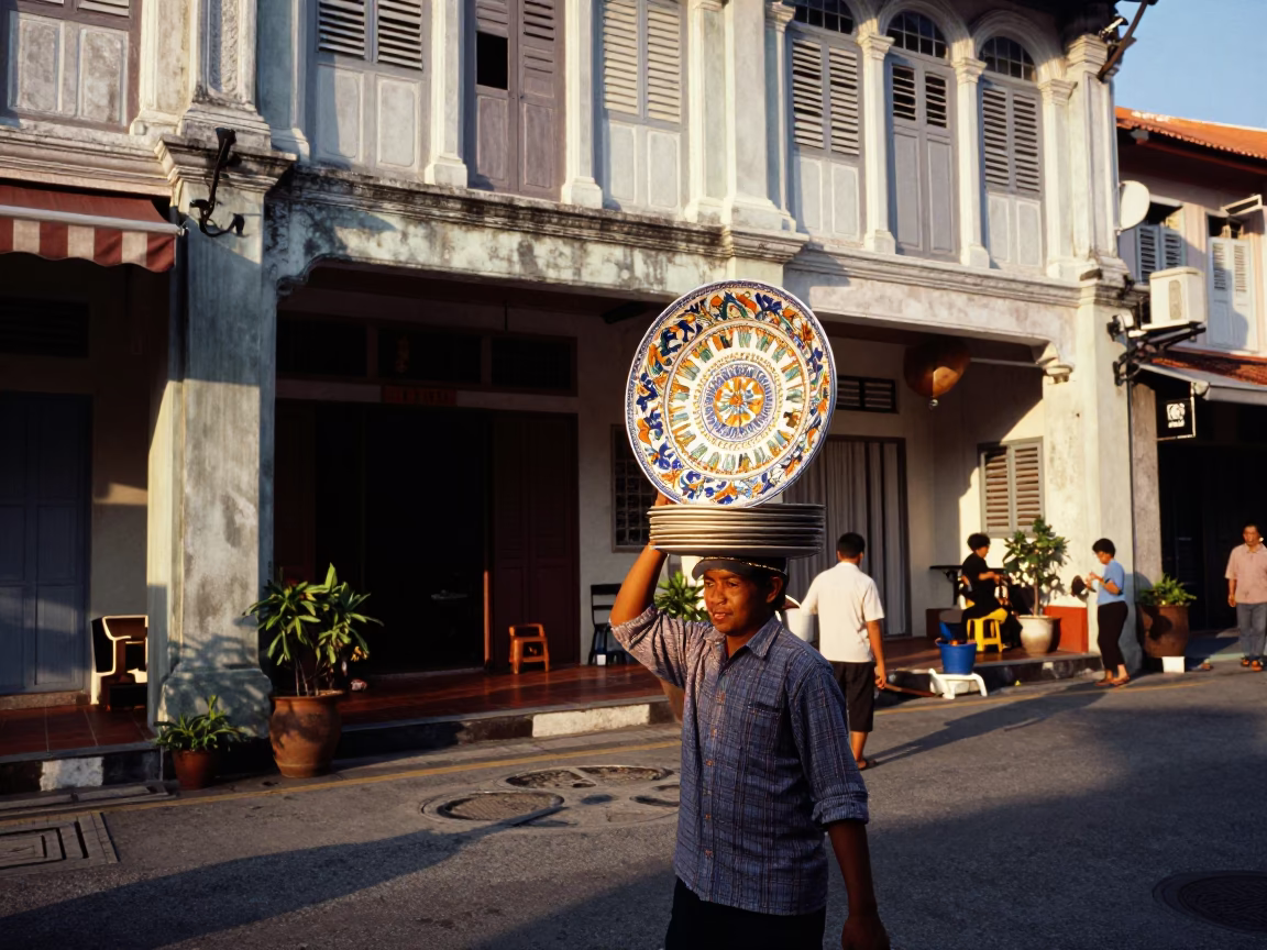 George Town Malaysia Late Afternoon Street Scene with Vintage Majolica Plate and Scratched Wall in in George Town, Malaysia
