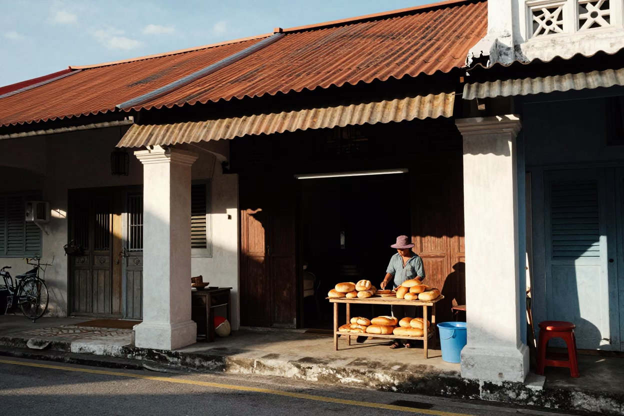 George Town Malaysia Late Afternoon Street Scene with Wicker Shadows and Bread Display in in George Town, Malaysia
