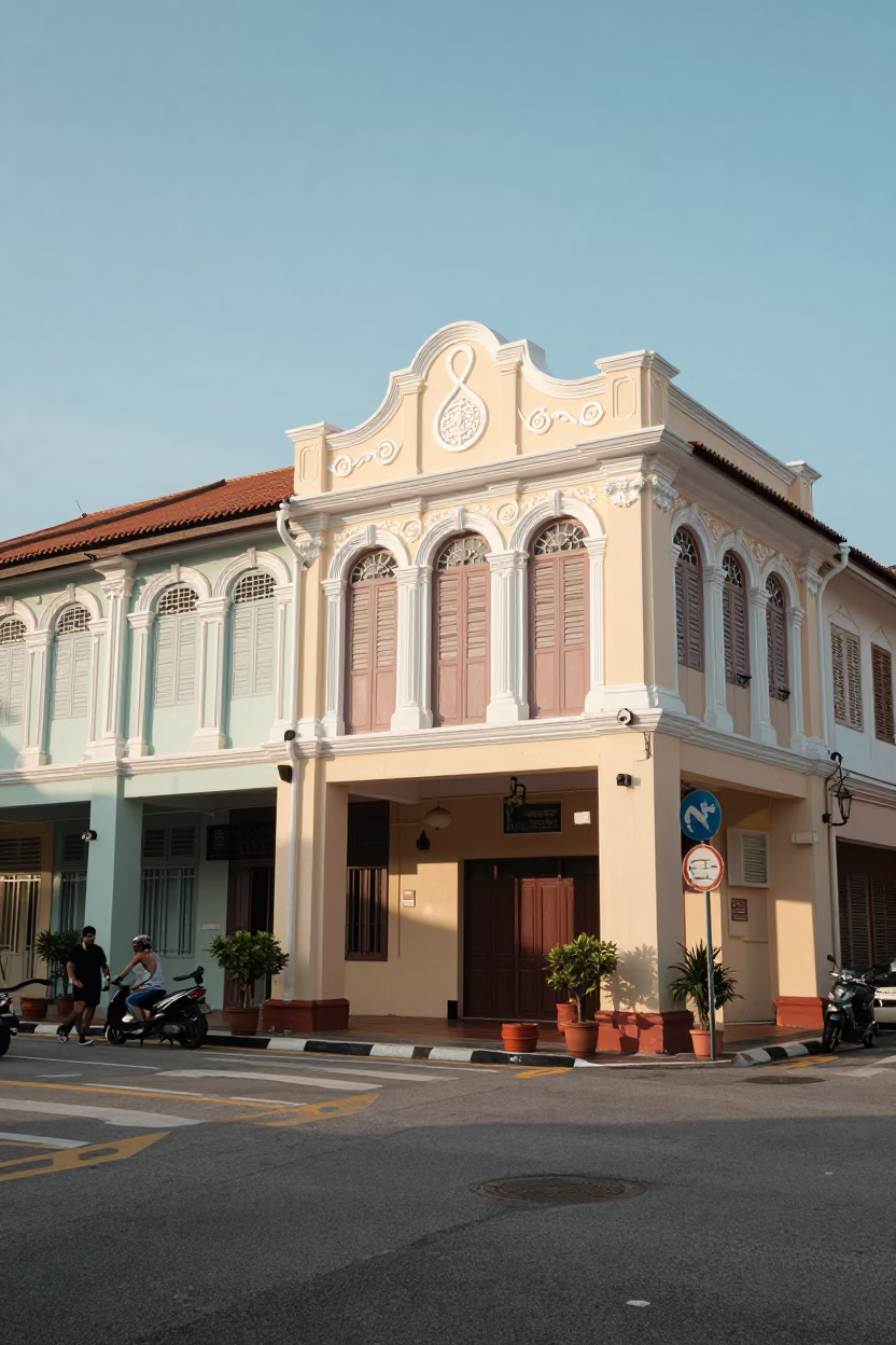 George Town Malaysia Late Morning Street Scene with Art Deco Architecture and Local Life in in George Town, Malaysia