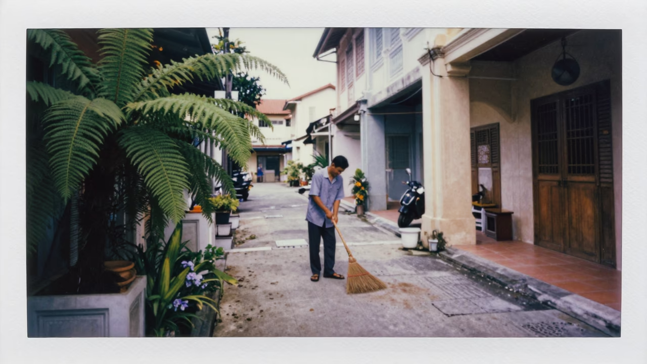 George Town Malaysia Late Morning Street Scene with Broom and Ferns in in George Town, Malaysia