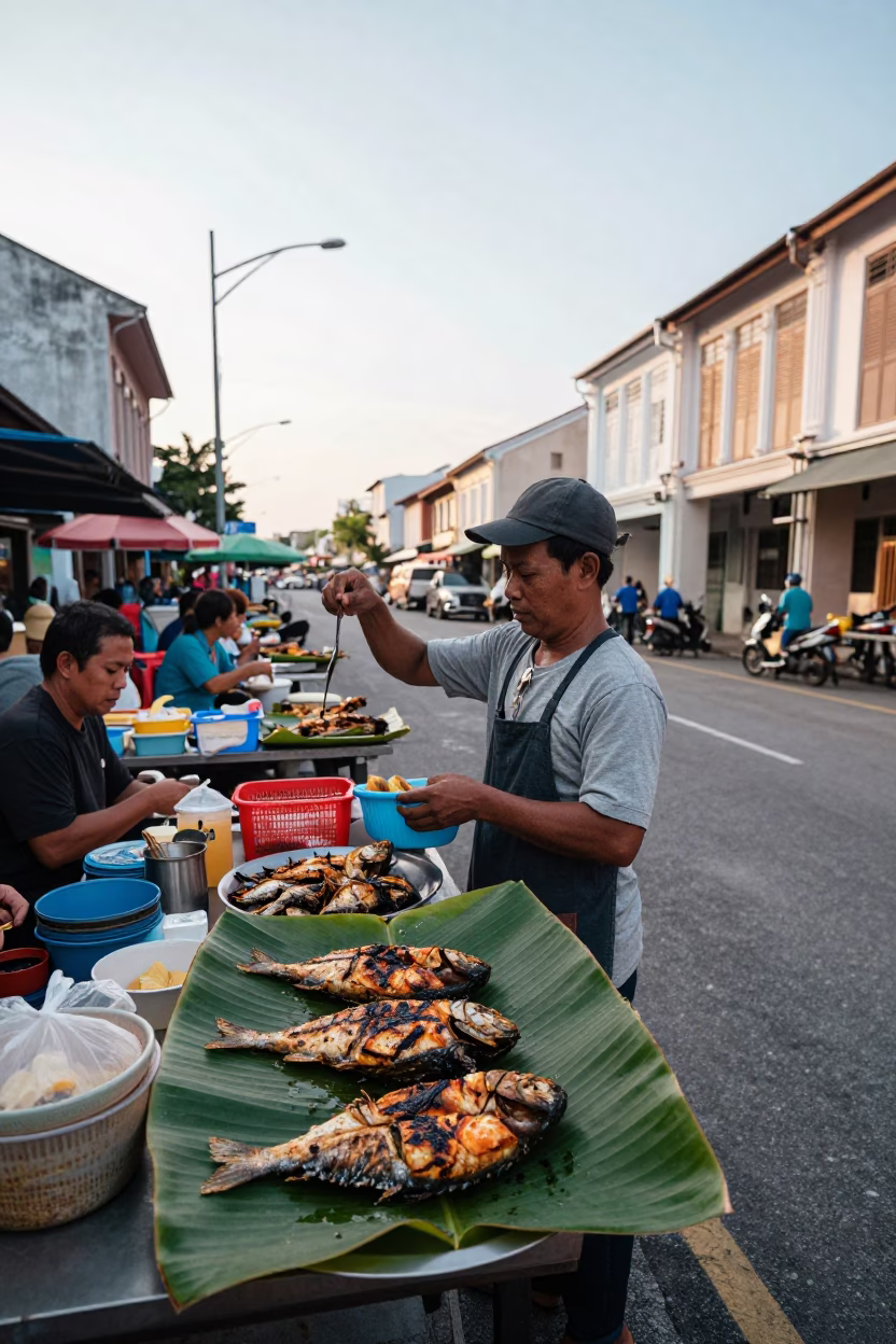 George Town Malaysia Late Morning Street Scene with Grilled Fish and Vintage Rickshaw in in George Town, Malaysia
