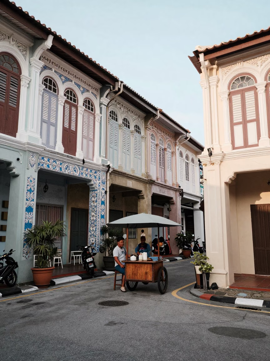 George Town Malaysia Late Morning Street Scene with Traditional Shophouse Facades and Local Vendor in in George Town, Malaysia