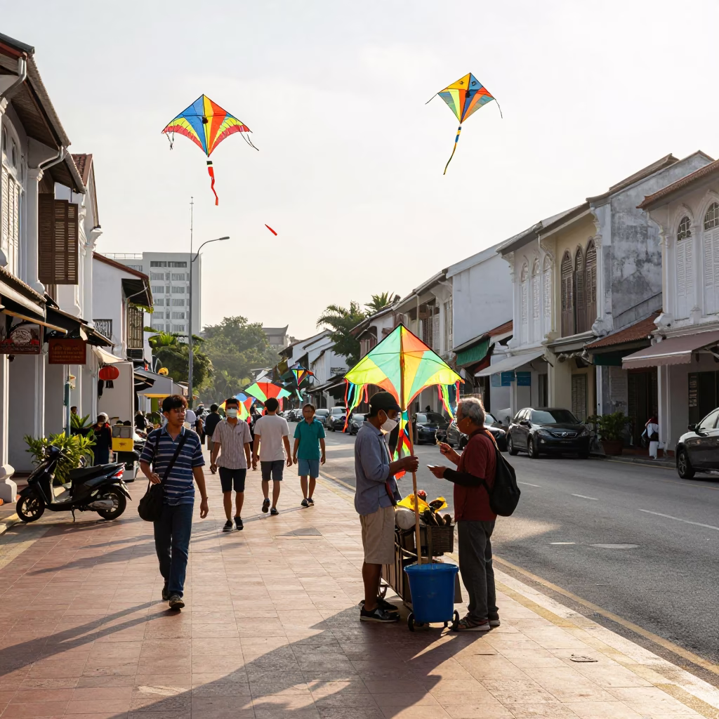George Town Malaysia Late Morning Street Scene with Vintage Kites and Local Market Activity in in George Town, Malaysia
