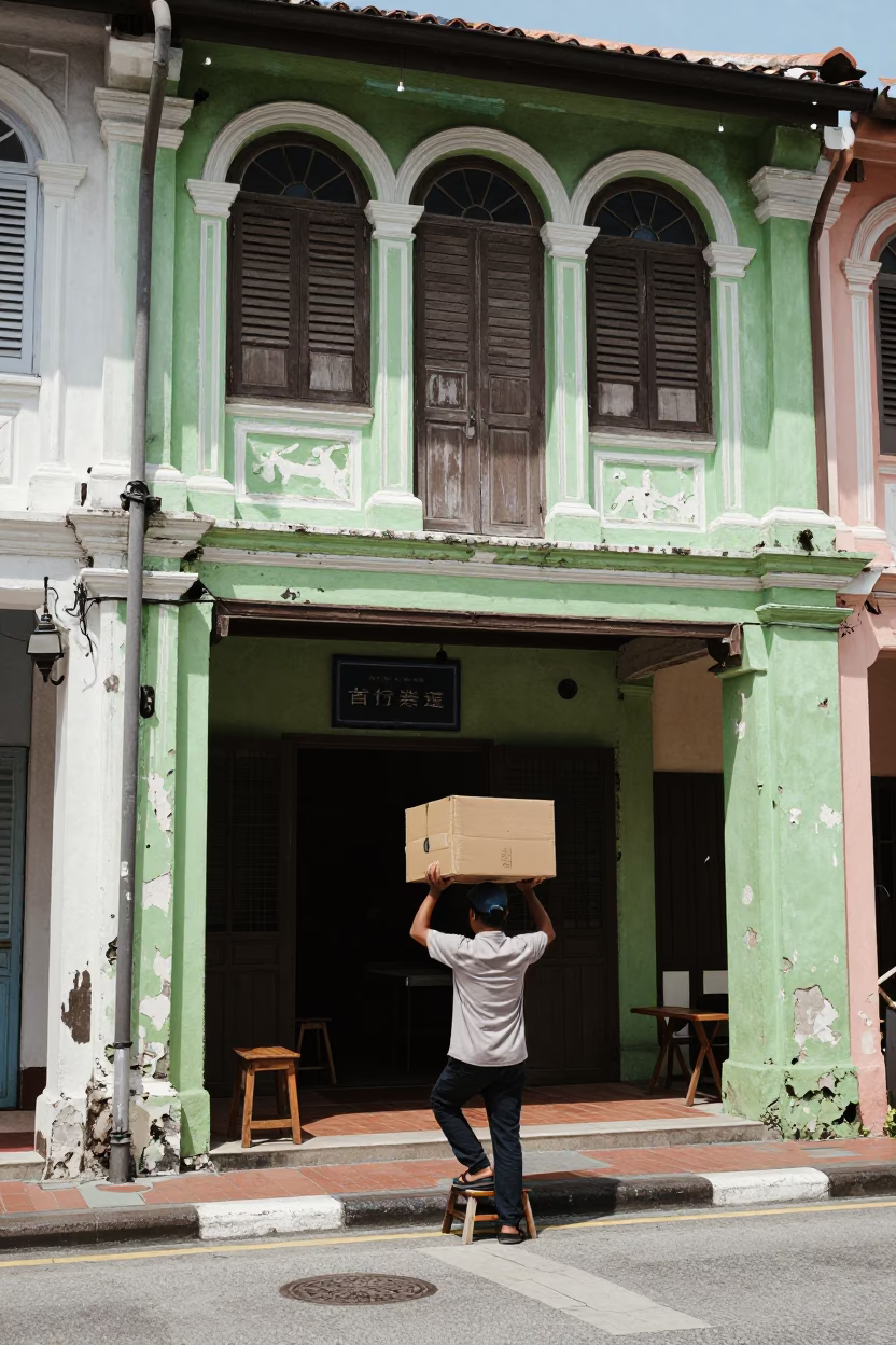 George Town Malaysia Midday Street Scene with Shoebox and Awl in in George Town, Malaysia