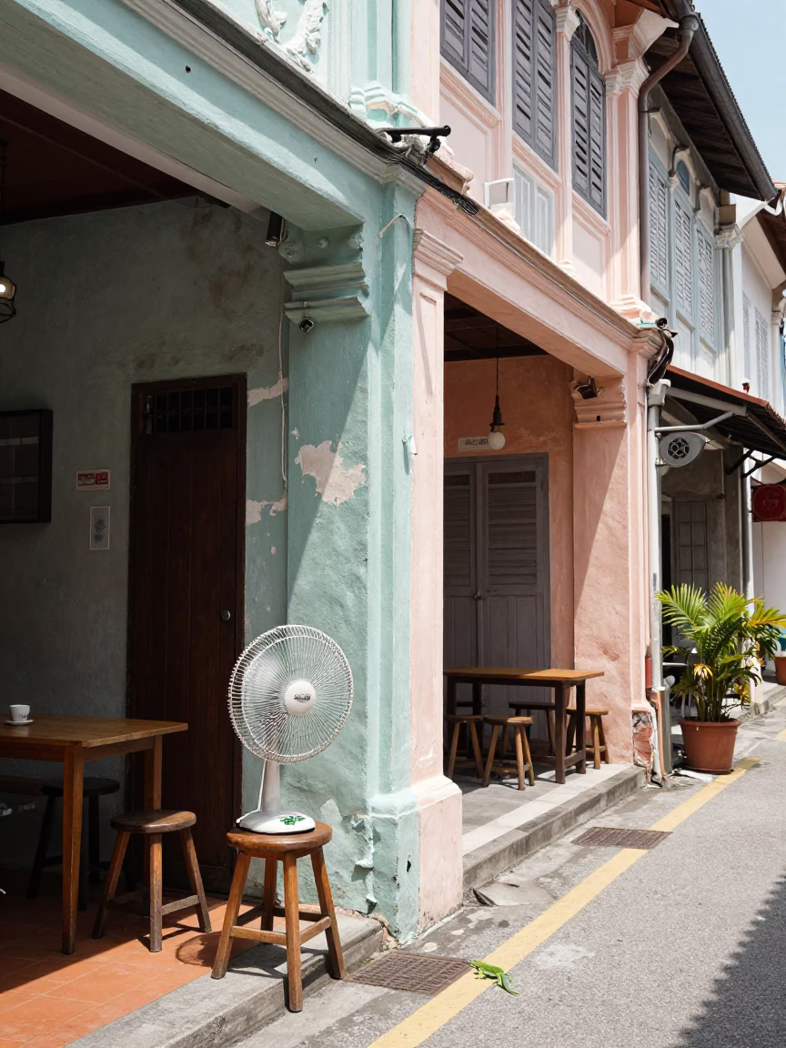 George Town Malaysia Midday Street Scene with Table Fan and Gecko in in George Town, Malaysia