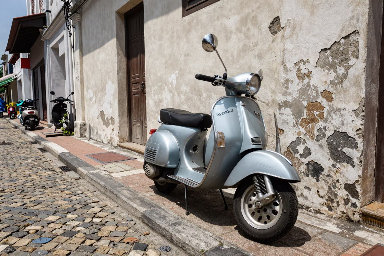 George Town Malaysia Midday Street Scene with Vintage Vespa and Cobblestone Lane in in George Town, Malaysia