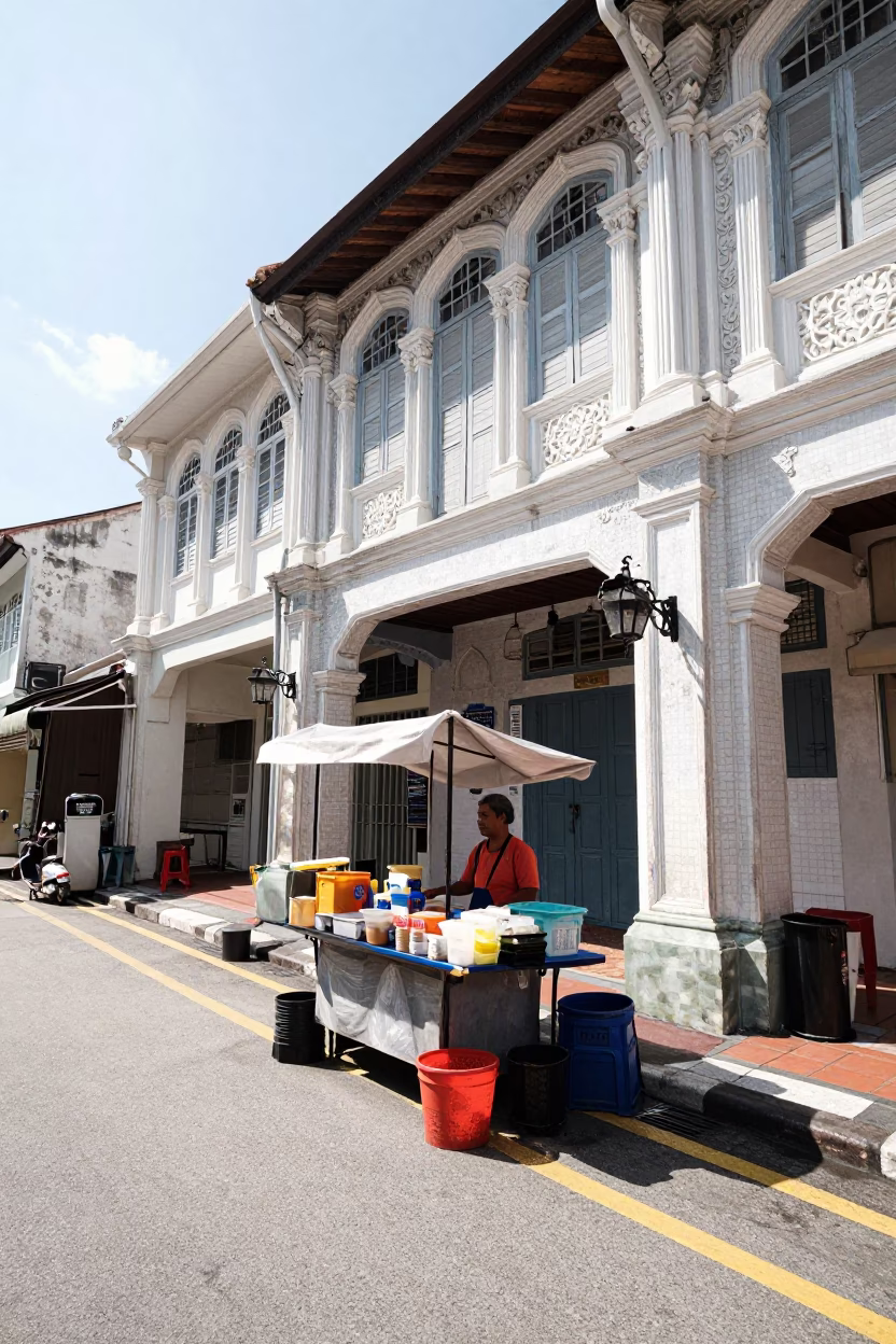 George Town Malaysia Midmorning Street Scene with Local Food Vendor and Shoppers in in George Town, Malaysia