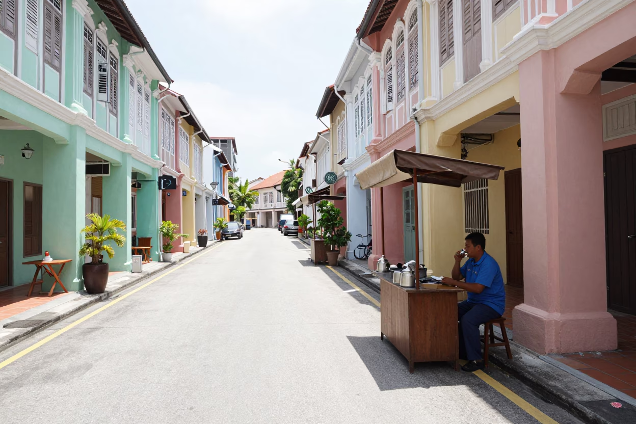 George Town Malaysia Midmorning Street Scene with Tea Tin and Drinking Vessel in in George Town, Malaysia