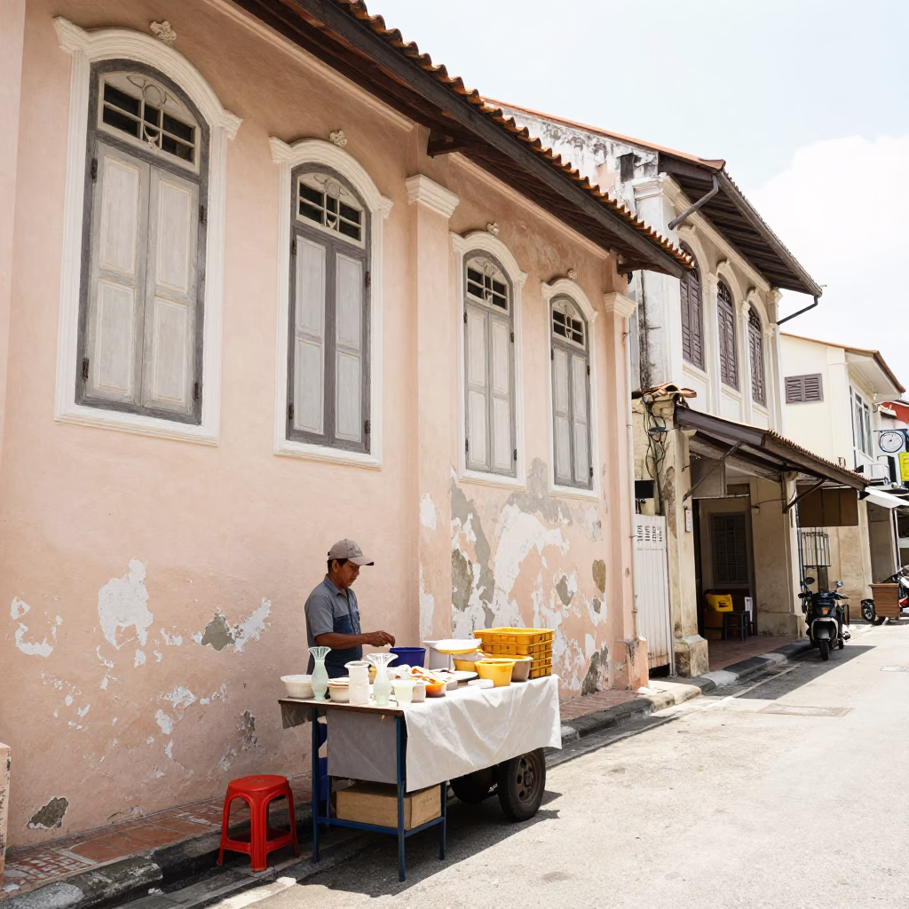 George Town Malaysia Midmorning Street Scene with Whisk and Glass Vase in in George Town, Malaysia