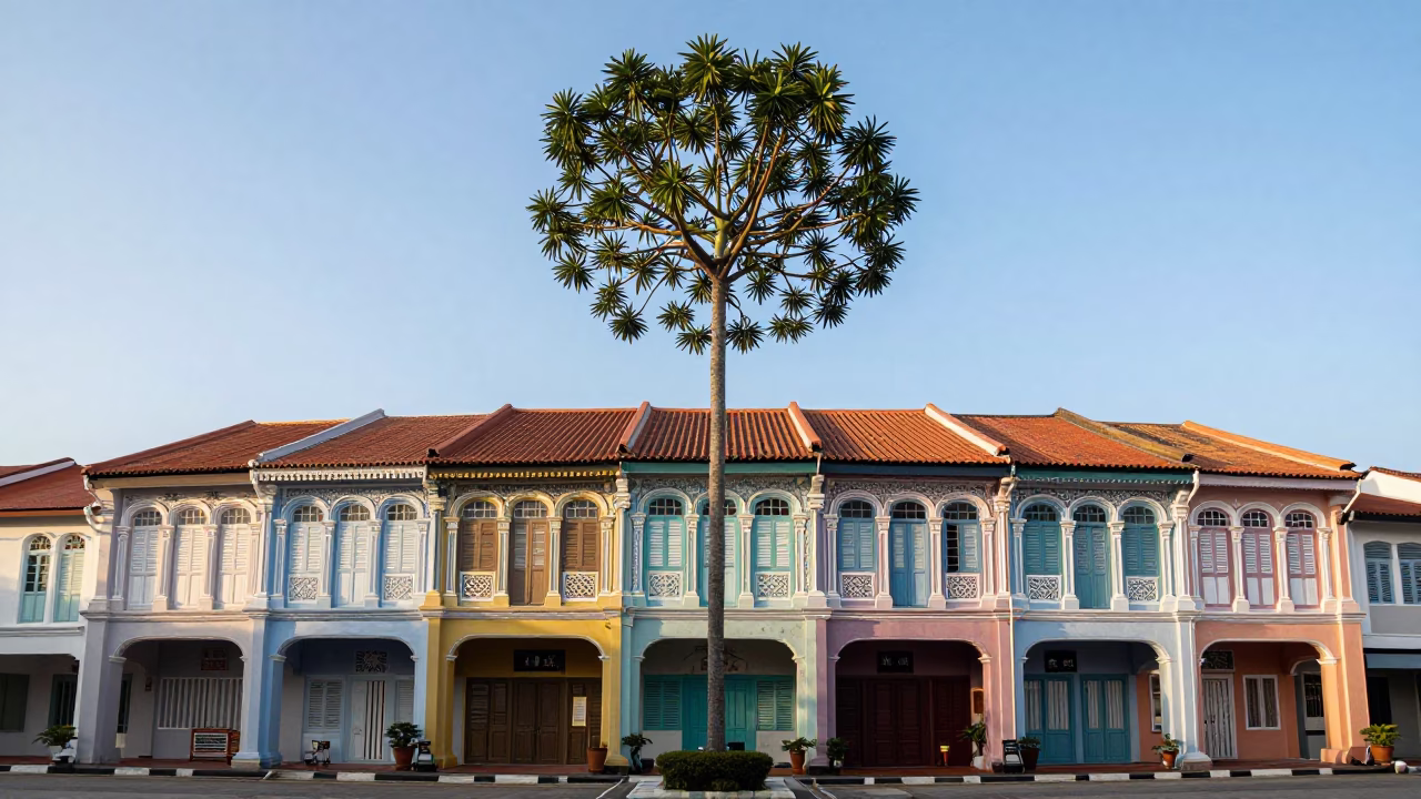 George Town Malaysia Morning Light on Peranakan Shop Houses with Euphorbia Candelabra in in George Town, Malaysia