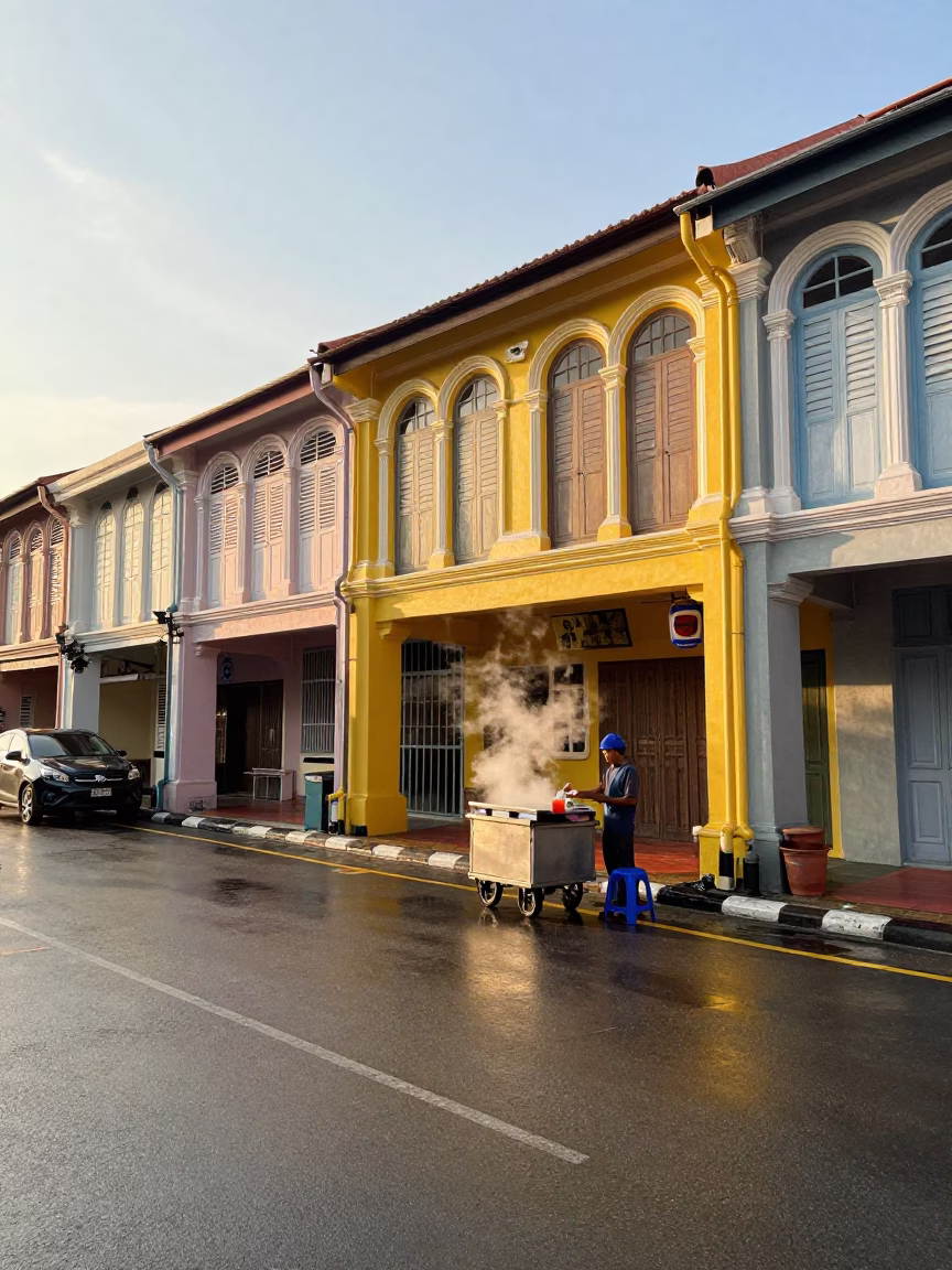 George Town Malaysia Morning Street Scene with Colorful Shophouses and Morning Coffee in in George Town, Malaysia