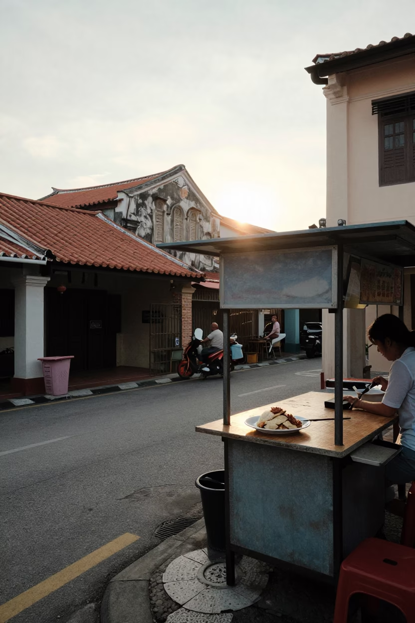 George Town Malaysia Morning Street Scene with Hainanese Chicken Rice and Doormat in in George Town, Malaysia